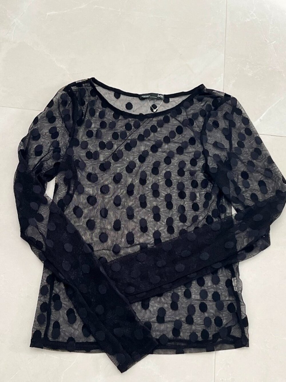 Zara Black Sheer Mesh Polka Dot Long Sleeve Top (Size S)